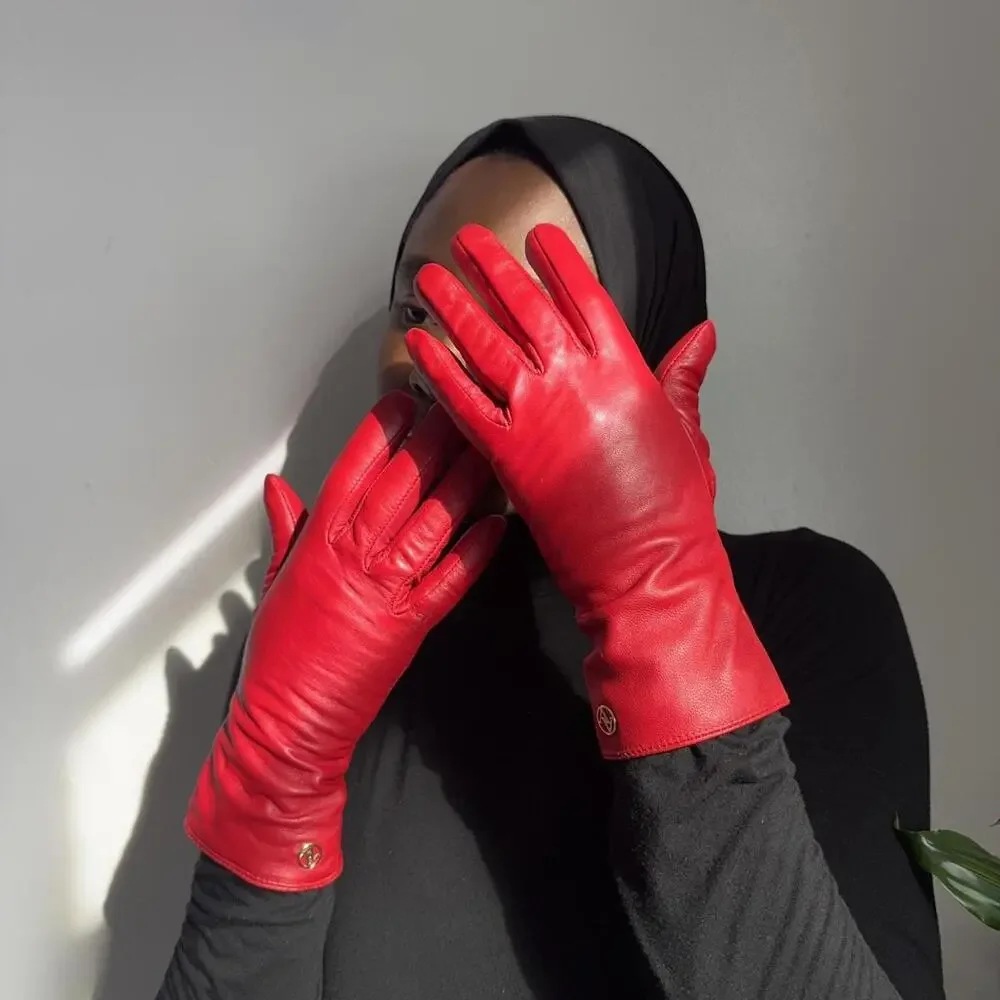 Vintage Adrienne Vittadini Cherry Red Leather Gloves Cashmere‎ Wool Lined size M
